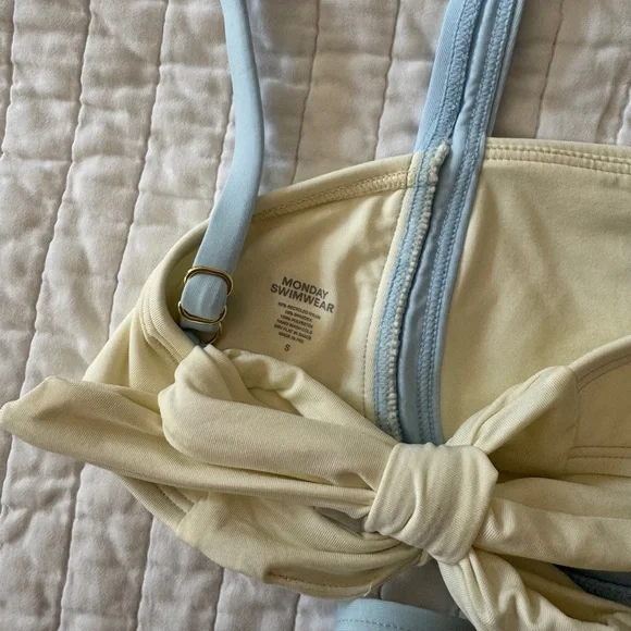 Monday Swimwear Cream and Blue Bikini High Hip Small - Picture 6 of 6